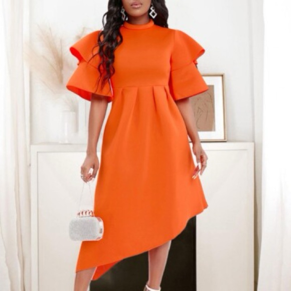 Elegant Orange Ruffle Sleeve Dress
